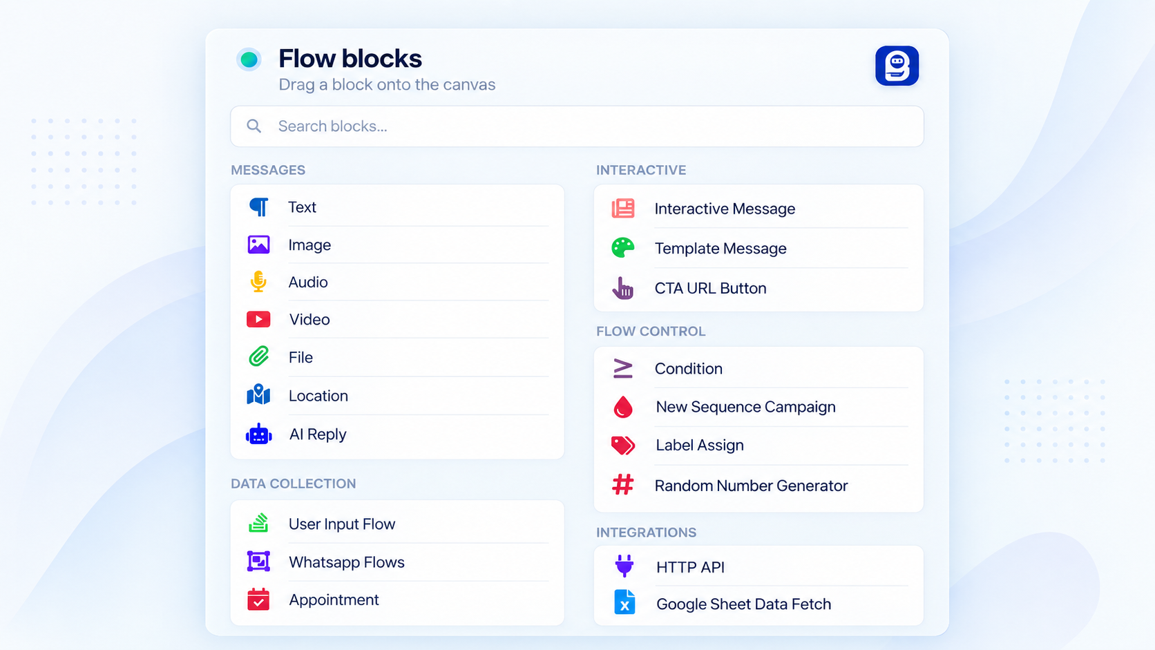 Flow Builder block library: messages, interactive replies, conditions, sequences, user input, and integrations