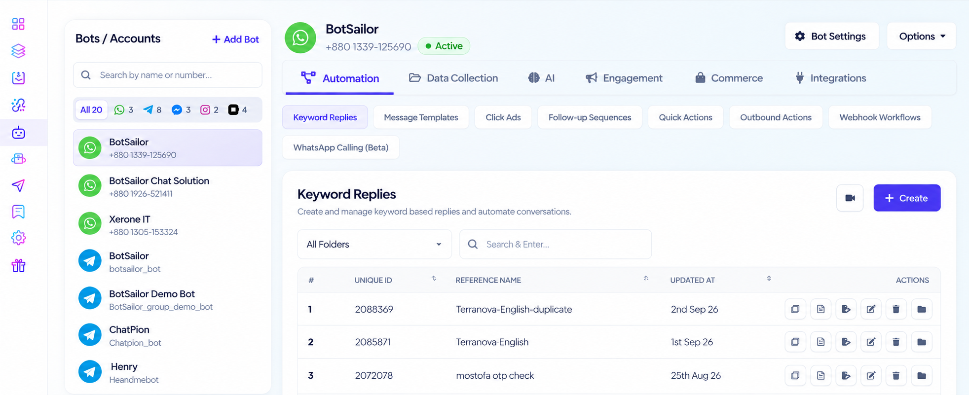 BotSailor chatbot manager: keyword replies, templates, sequences, and WhatsApp automation in one workspace