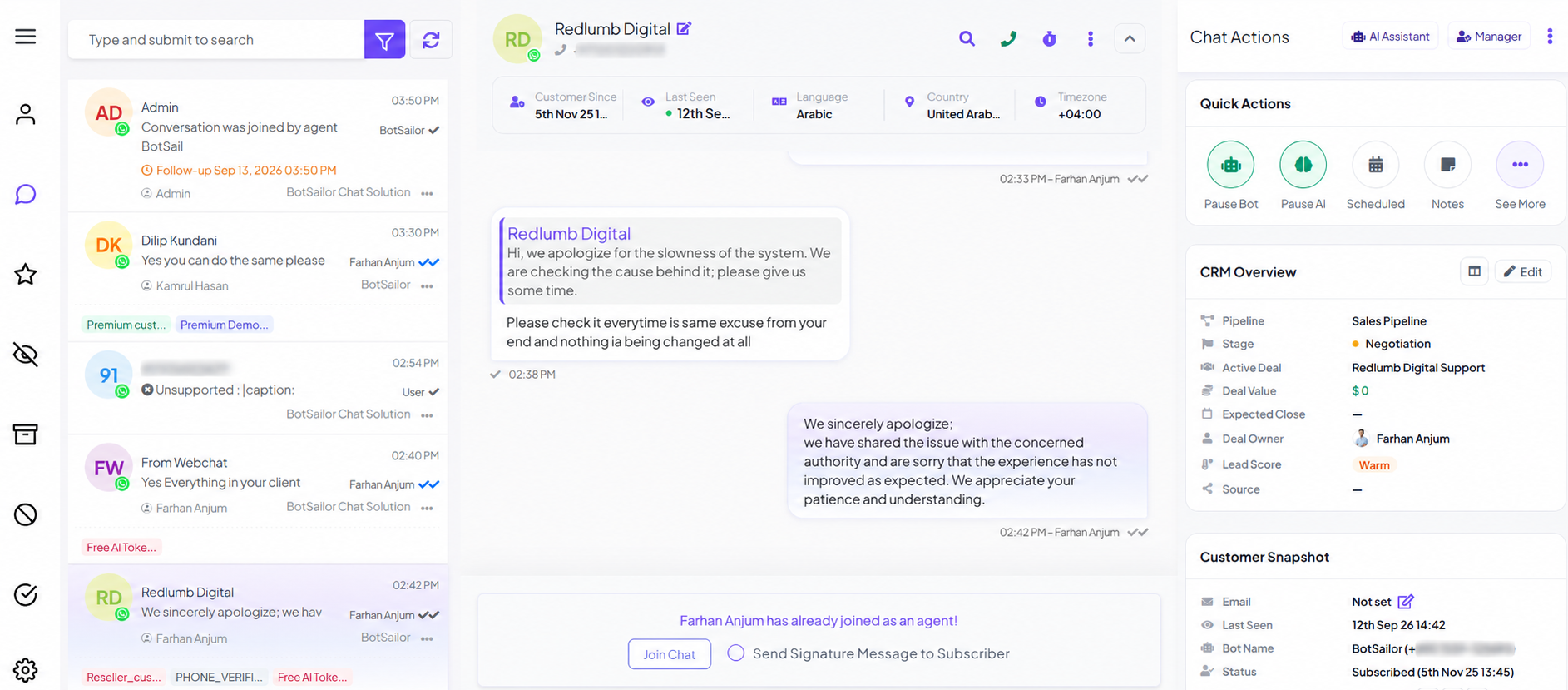 BotSailor Shared Inbox: conversation list, live chat, Join Chat, CRM, and customer snapshot in one workspace