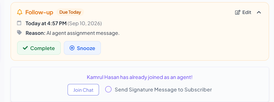 Follow-up due today with Complete and Snooze, plus Join Chat when a teammate is already in the conversation