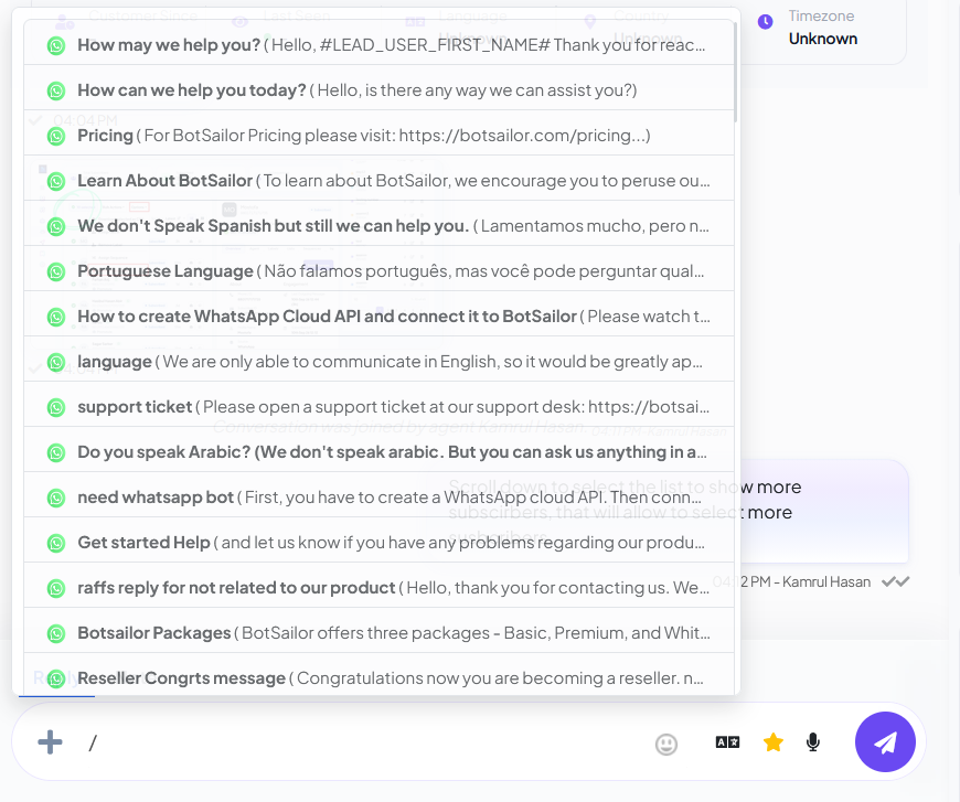 Slash-command canned replies in the Shared Inbox composer